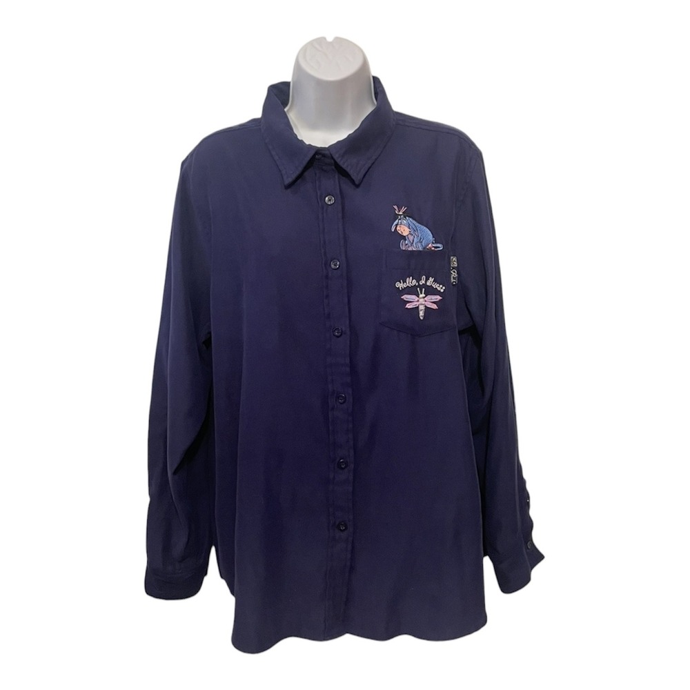 Disney Eeyore Hello Sweet Thing Embroidered Long Sleeve Button Up‎  Women's Navy
